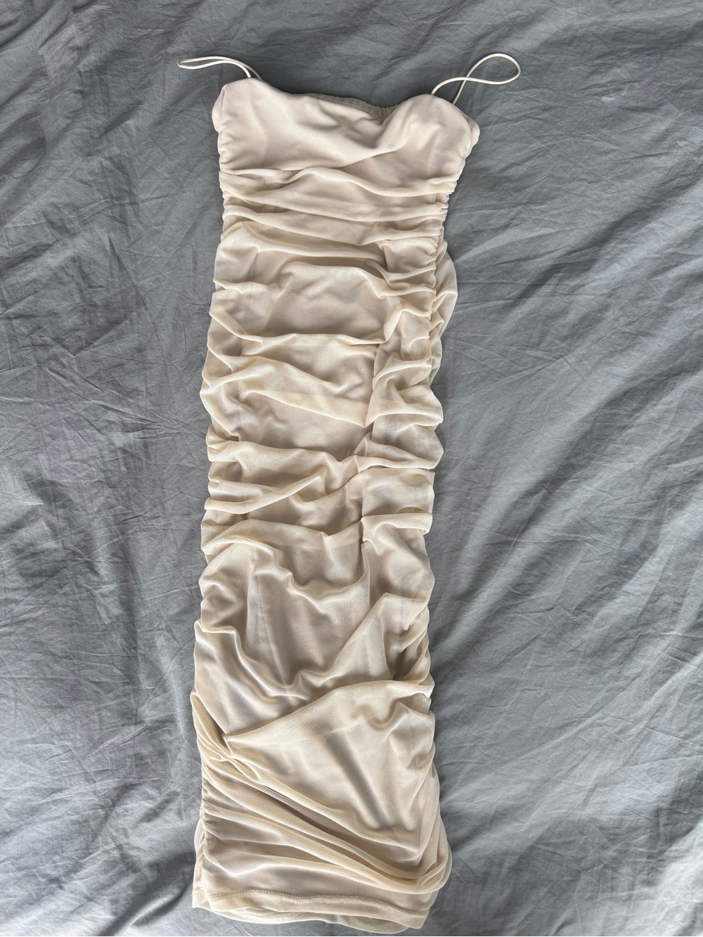 Cream Ruched Slip Midi Dress with Spaghetti Straps